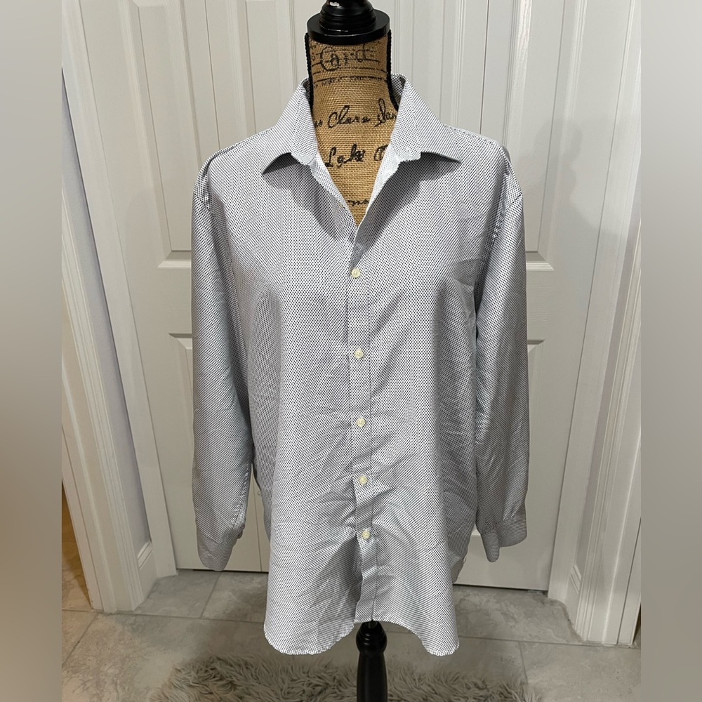 Black Label Men's White and Blue Button-Down Shirt Sz L Slim Fit